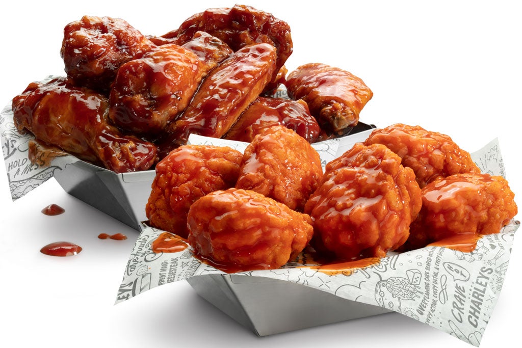 Charleys wings in boneless and classic bone-in from Charleys wings menu, hand-tossed chicken wings in chef-inspired rubs and sauces. best chicken wings, hot wings, order hot wings, boneless wings